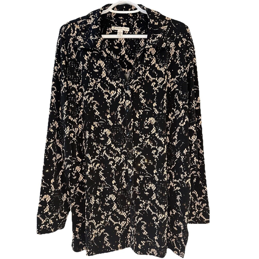 JM Collection Woman 2X Black Gold Sequin Blouse Plus Size Button Front Stretch